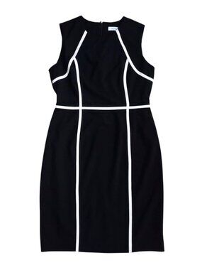 Calvin Klein Black Sheath Dress Size 10 White Trim Work Office Career Knee Lengt